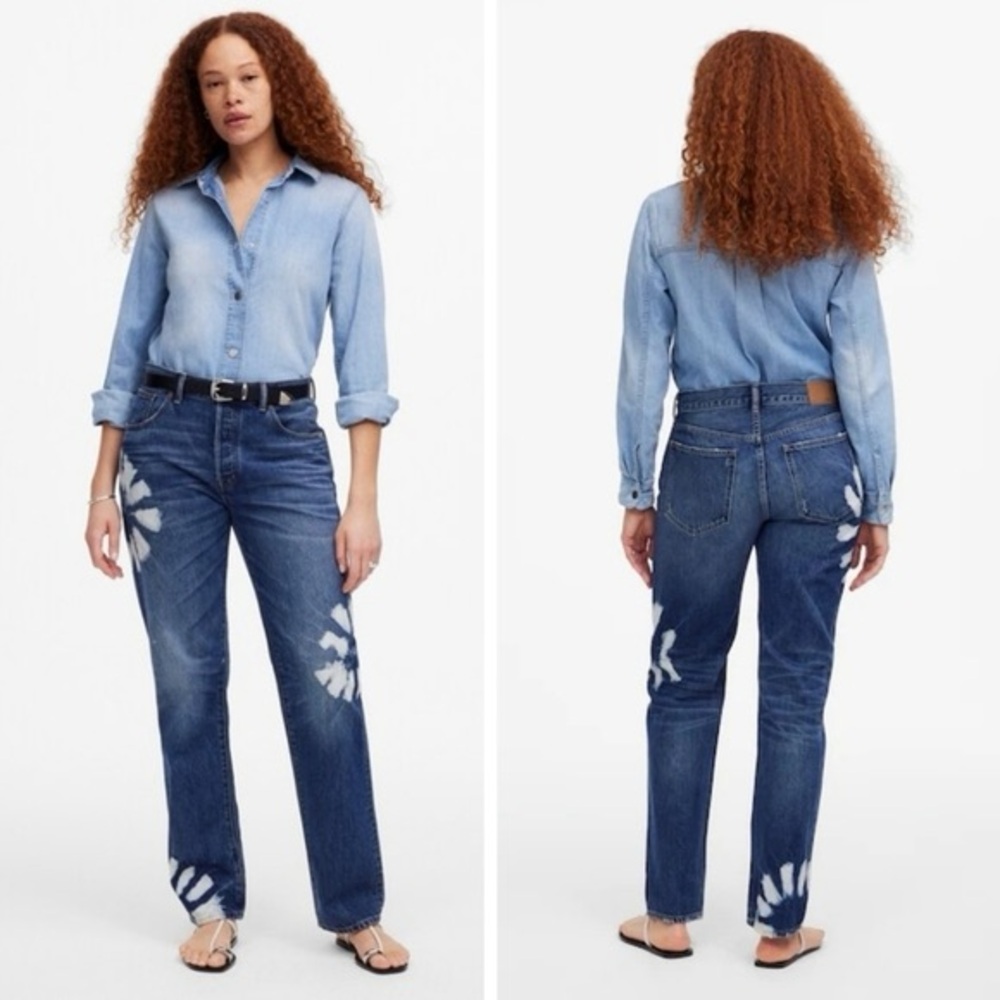 NWT Madewell The Dean Easy Straight Jeans Floral Tie Dye Blue Denim Sz 27 Chic